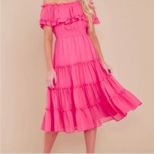 Red Dress Idem Ditto Bordeaux Chiffon Off Shoulder Ruffle Midi Dress NWT small